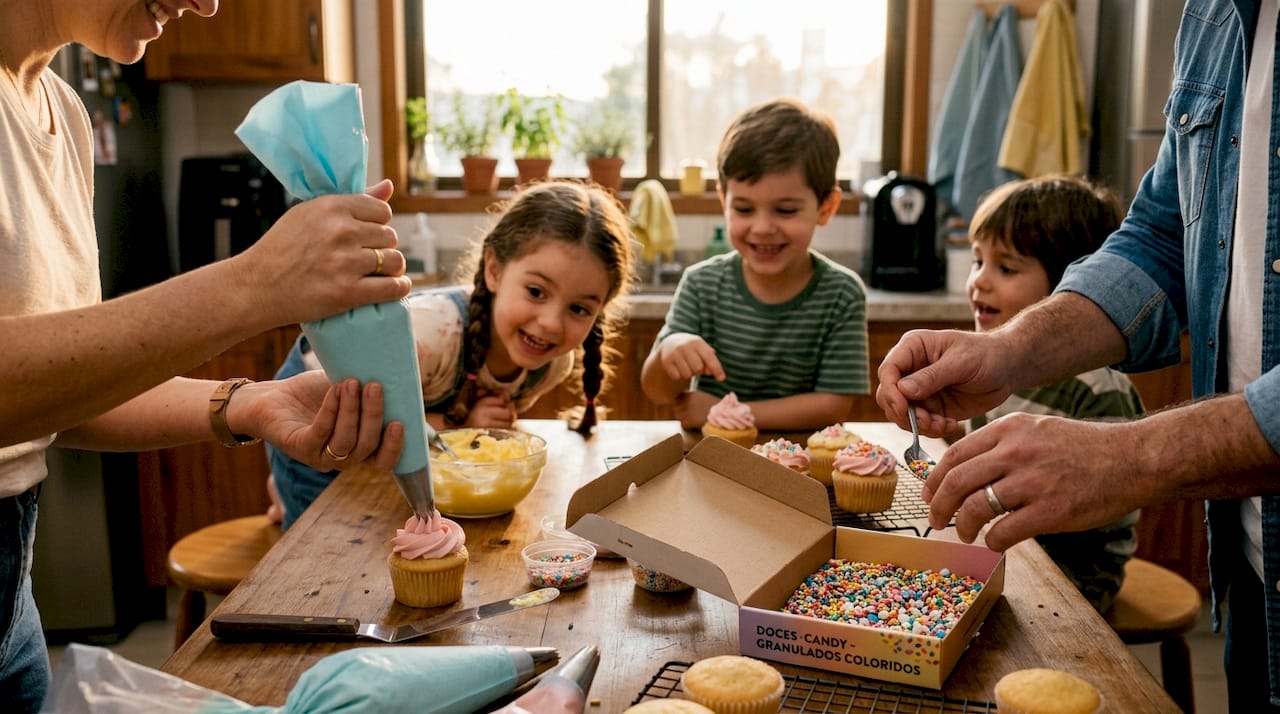 Mãos de crianças a decorar cupcakes coloridos, numa mesa iluminada pela luz do dia.