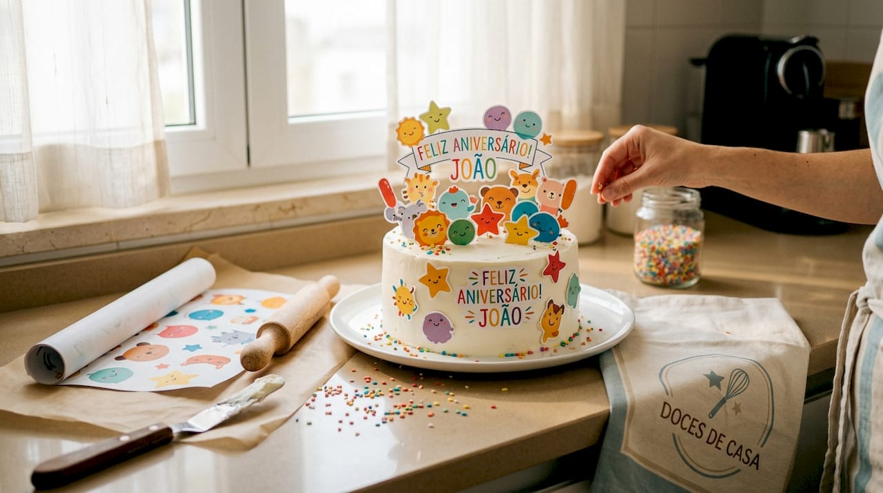 Bolo de aniversário festivo decorado com folha de açúcar