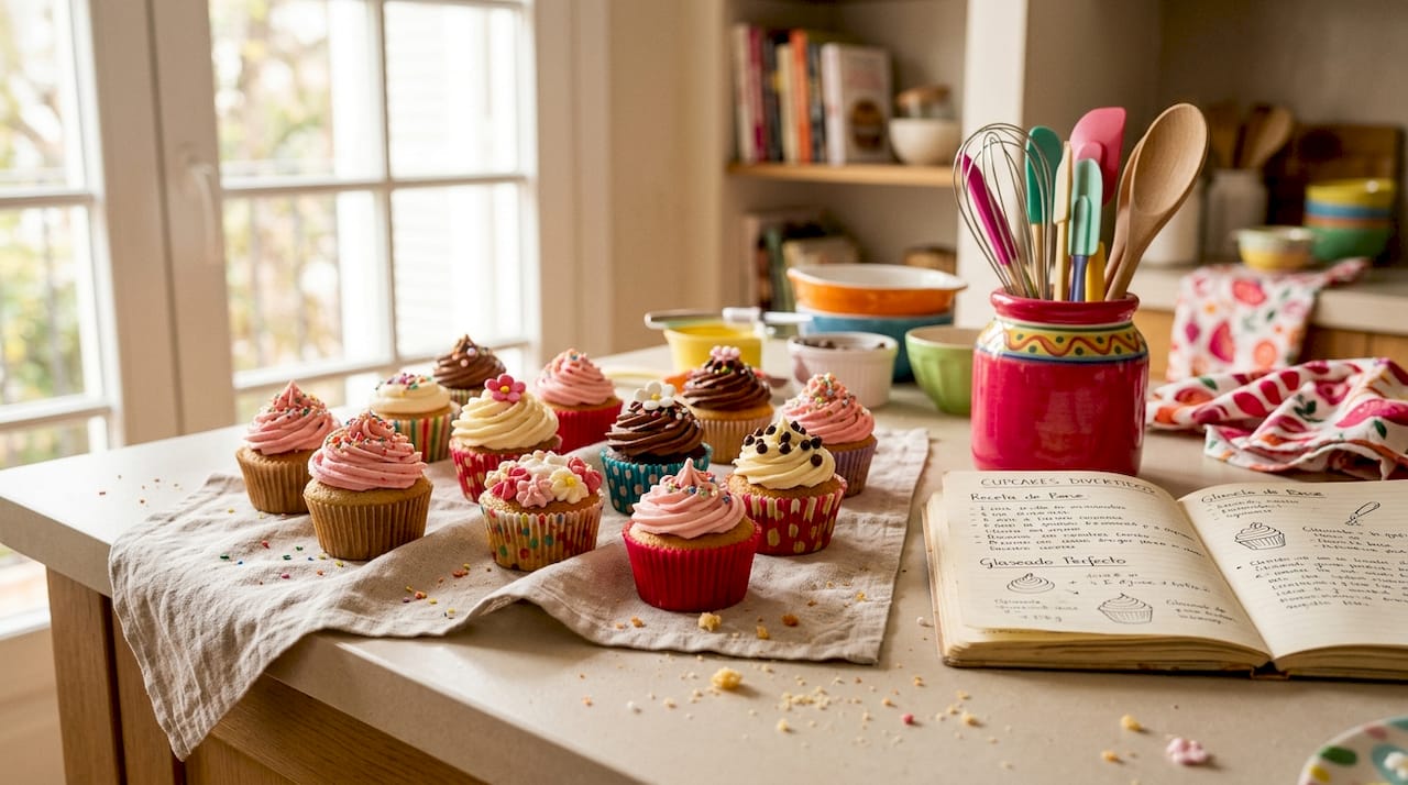 Un surtido de cupcakes decorados con envoltorios de colores, colocados sobre la encimera de la cocina.