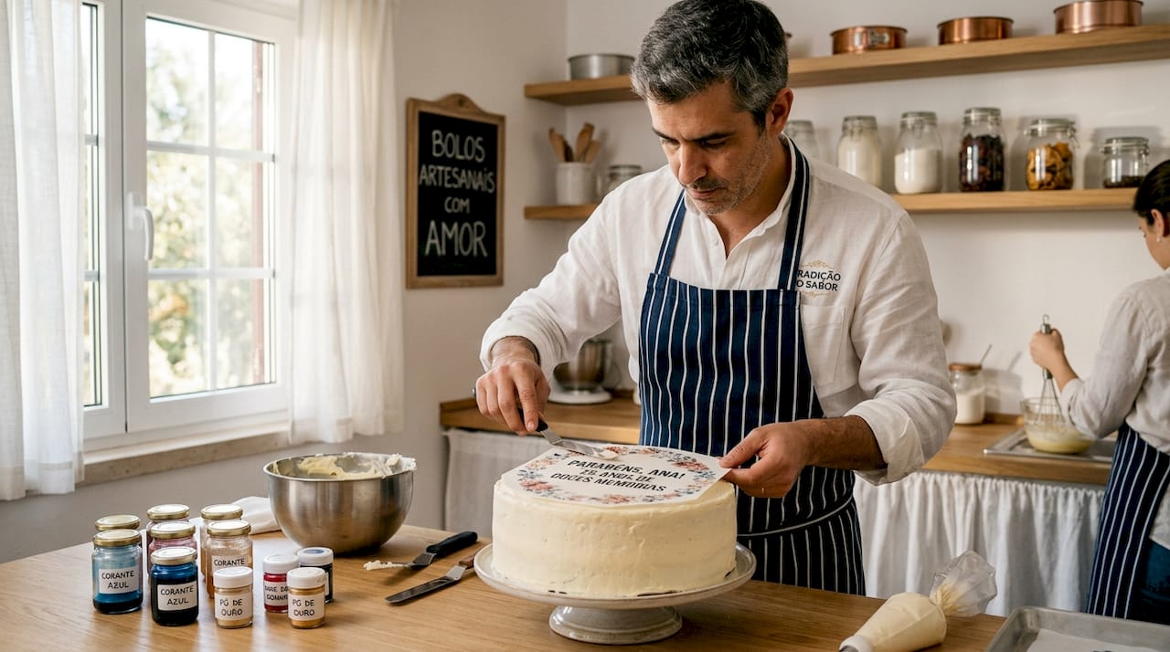 Pasteleiro a decorar um bolo com detalhes personalizados e comestíveis