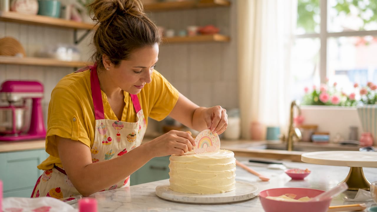 Un chef coloca una oblea comestible sobre una tarta de cumpleaños, dándole el toque final a la decoración.