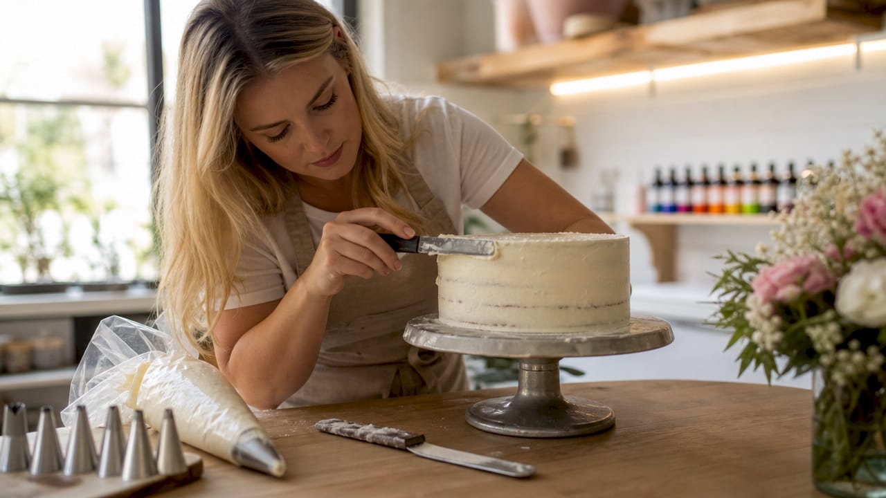 Jovem confeiteira a decorar um bolo com todo o cuidado e profissionalismo