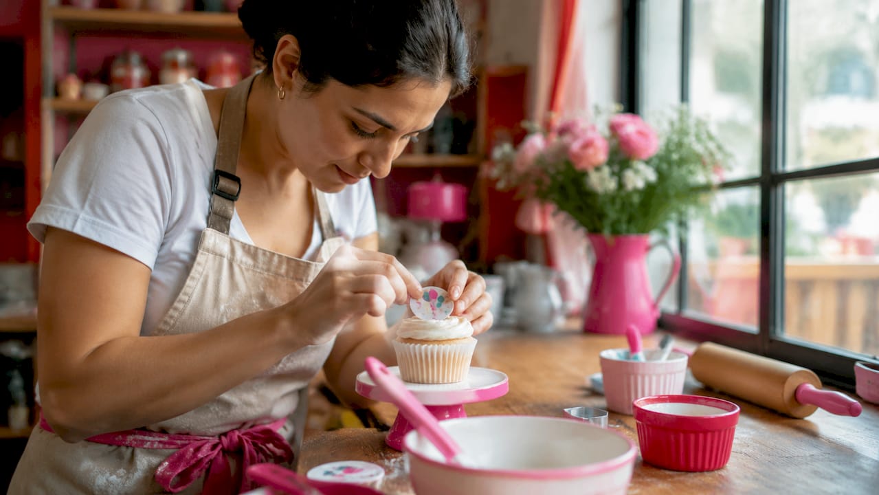 Repostera colocando una lámina comestible impresa sobre un pastel