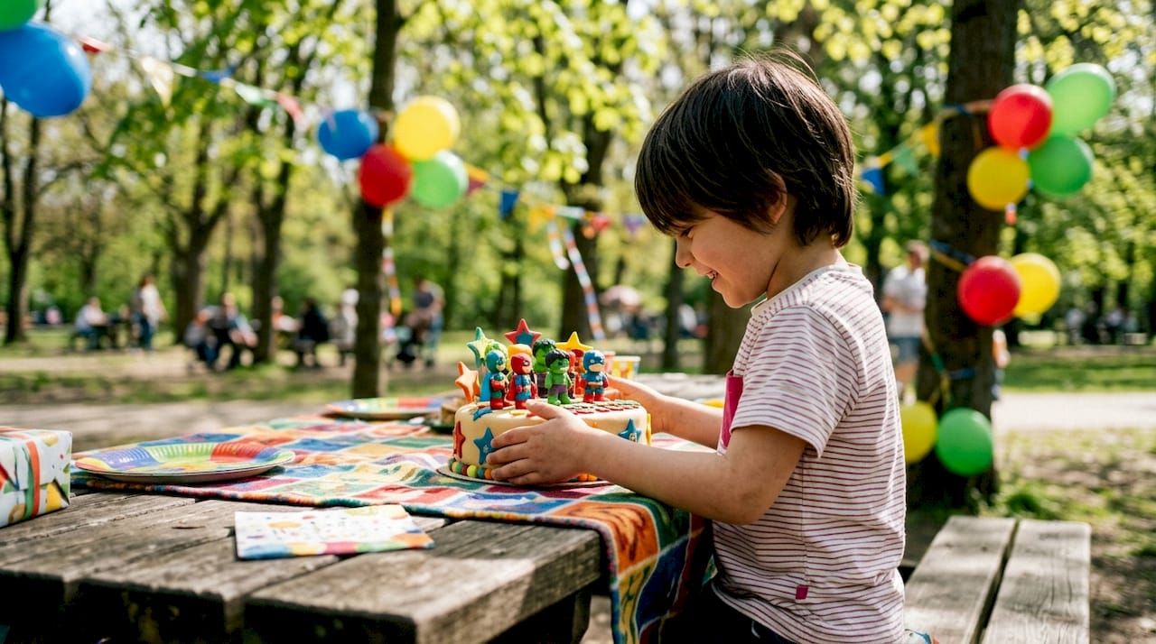 Un niño disfruta de su fiesta con una tarta decorada de superhéroes