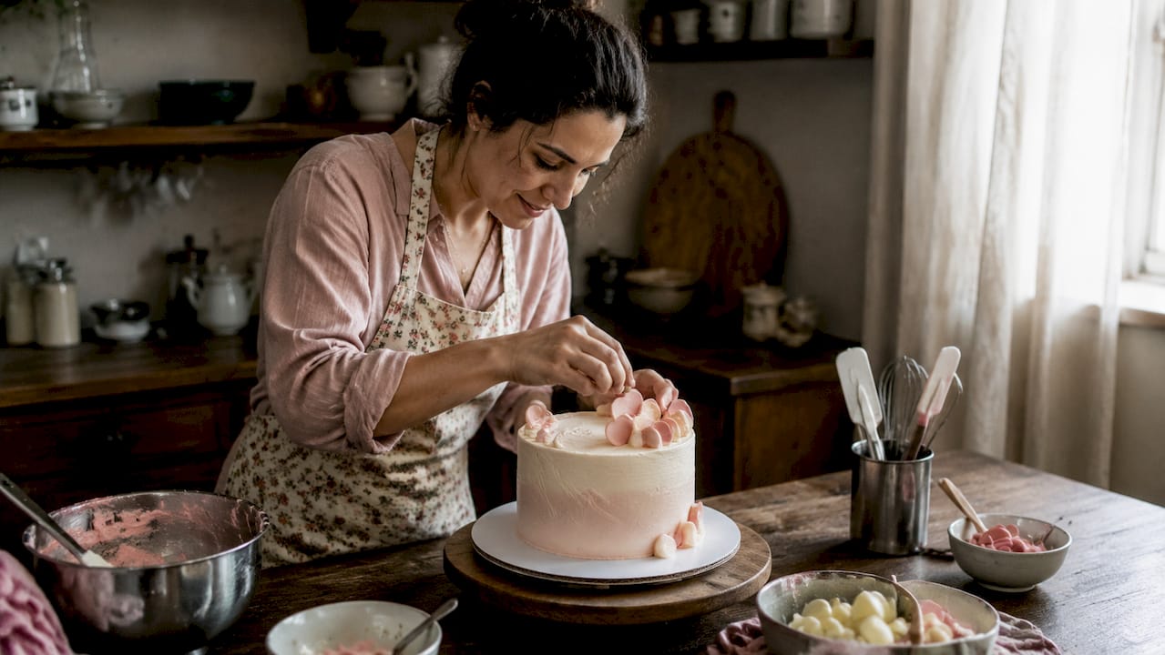 Chef pasteleiro a colocar uma folha comestível sobre o bolo