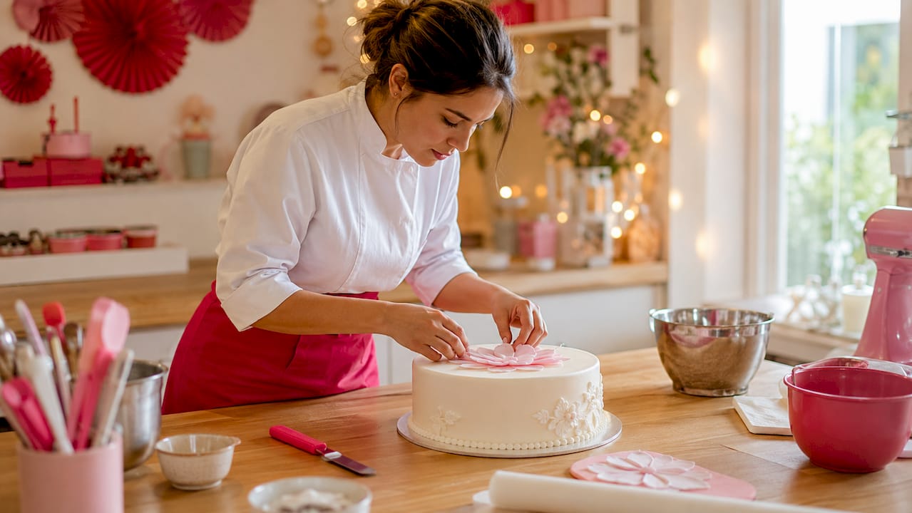 Decorando una tarta de boda con papel de azúcar, manos colocando cuidadosamente los detalles sobre el pastel.