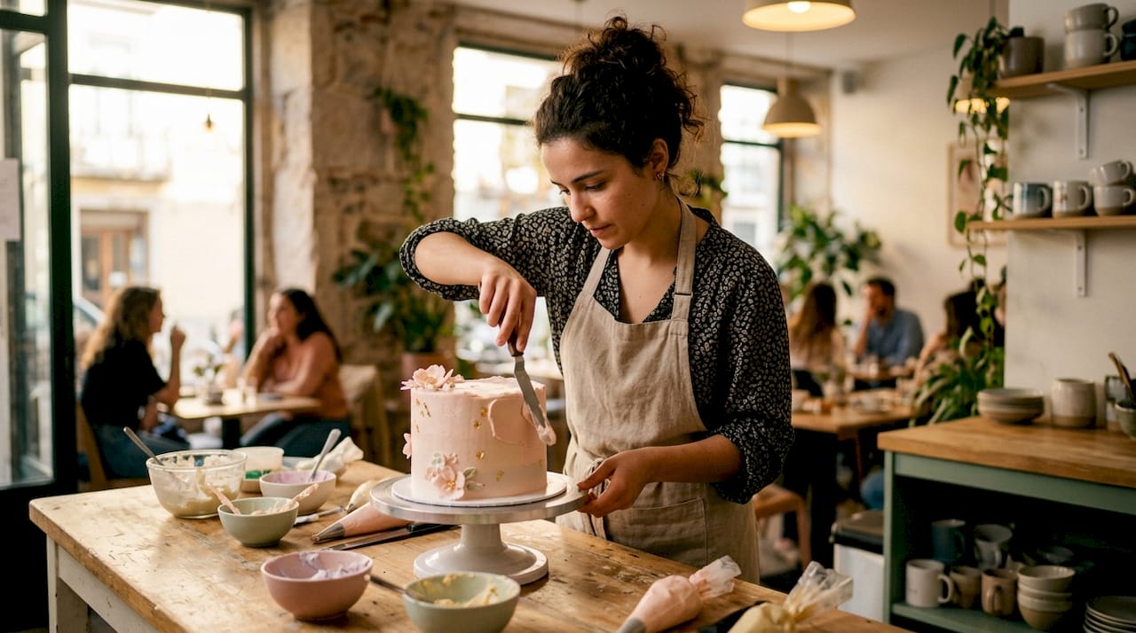 Pasteleira a decorar um bolo com creme de manteiga
