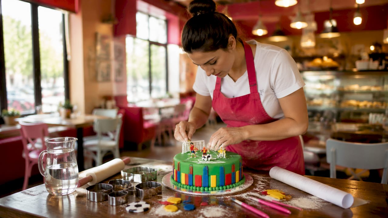 Repostera dando los últimos toques a una tarta temática deportiva en su taller artesanal