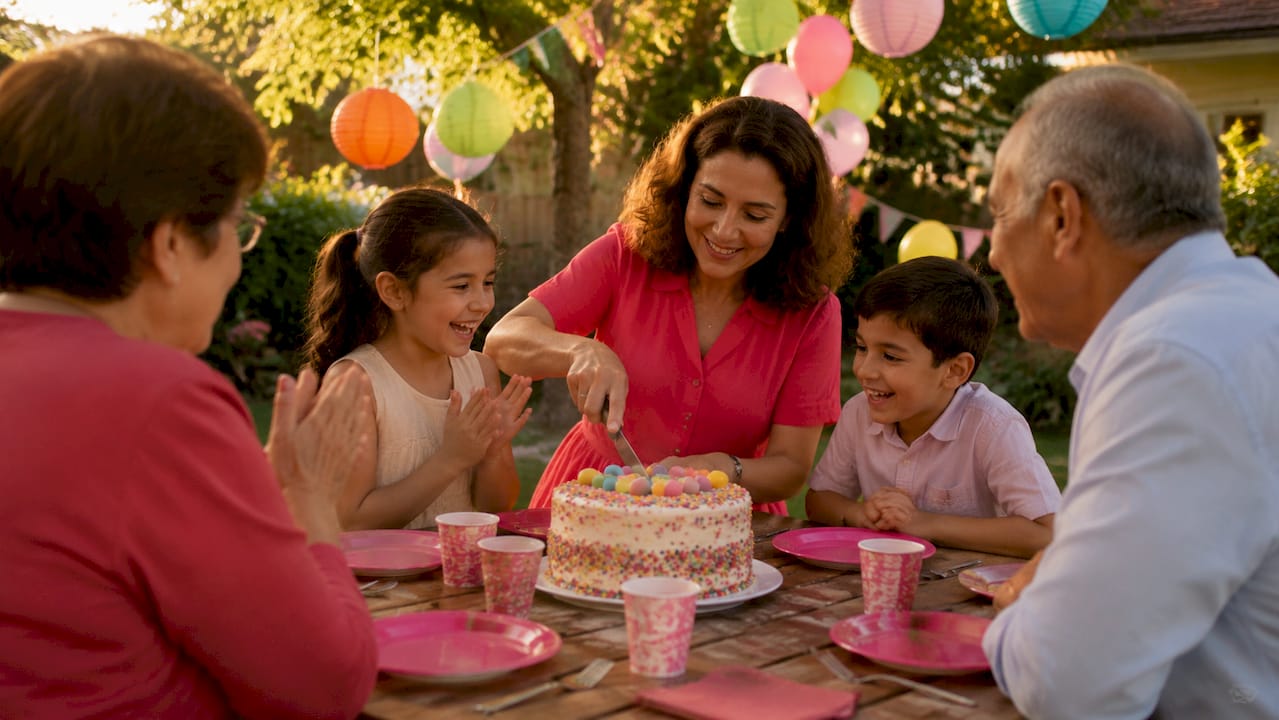 Una familia reunida, compartiendo y disfrutando de un pastel en un ambiente festivo.