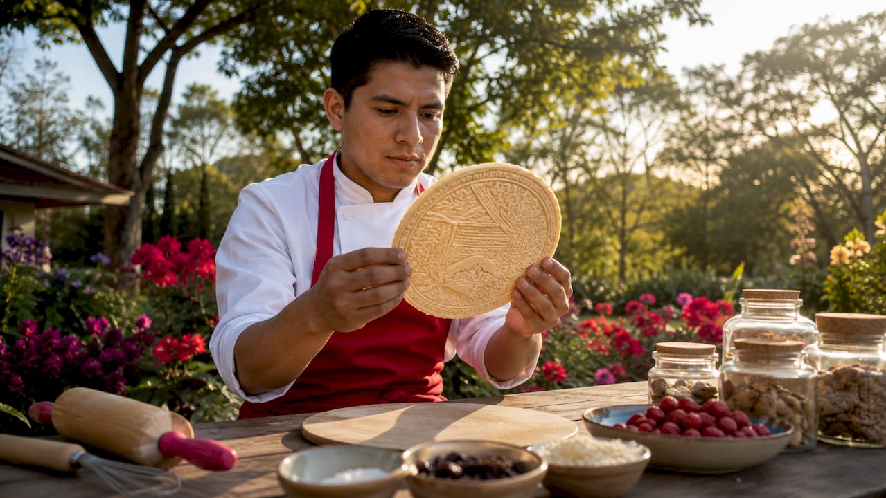 Chef presenta una oblea decorativa en plena acción dentro de una cocina profesional.