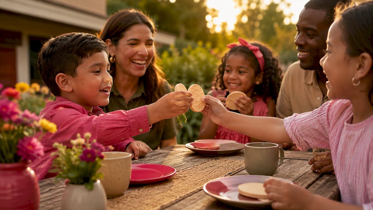 Una familia reunida disfrutando de obleas para celebrar juntos.