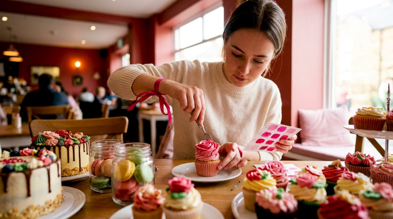 Una mujer arregla con esmero la mesa de postres para celebrar un aniversario.