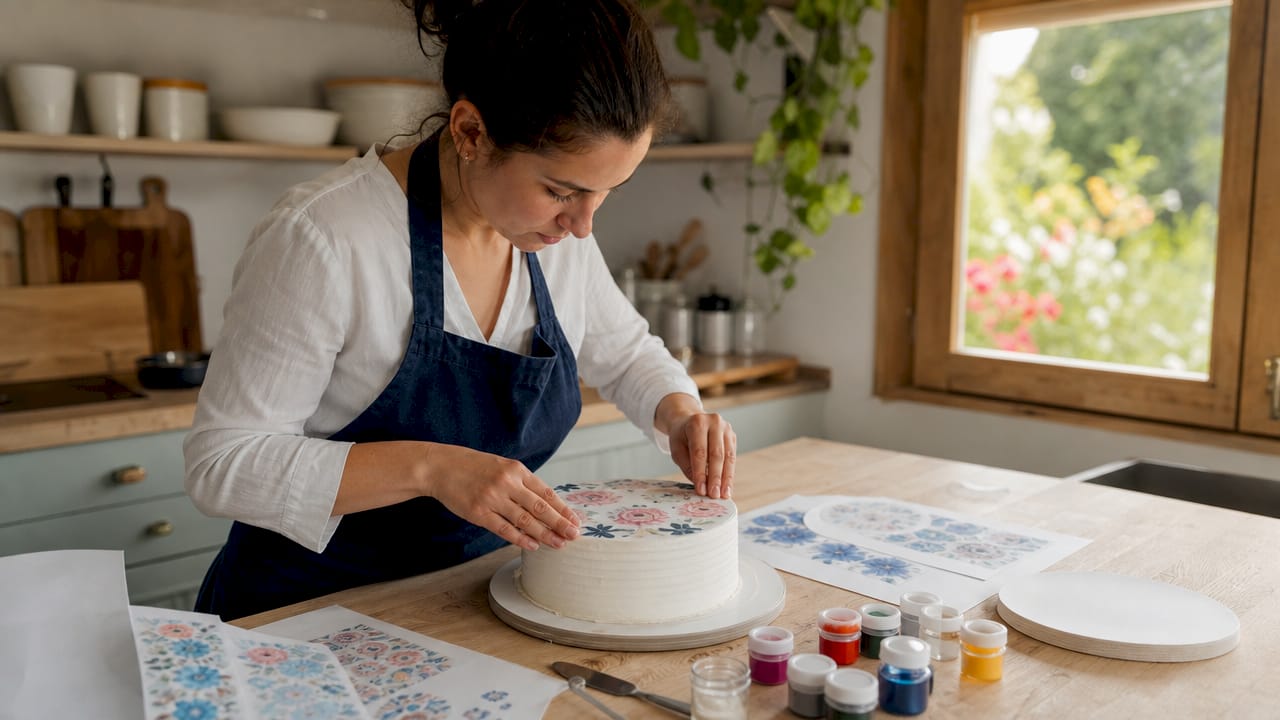 Pasteleira a decorar um bolo com uma imagem comestível
