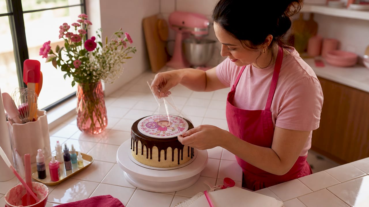 Una persona decorando un pastel con un topper de papel de azúcar.
