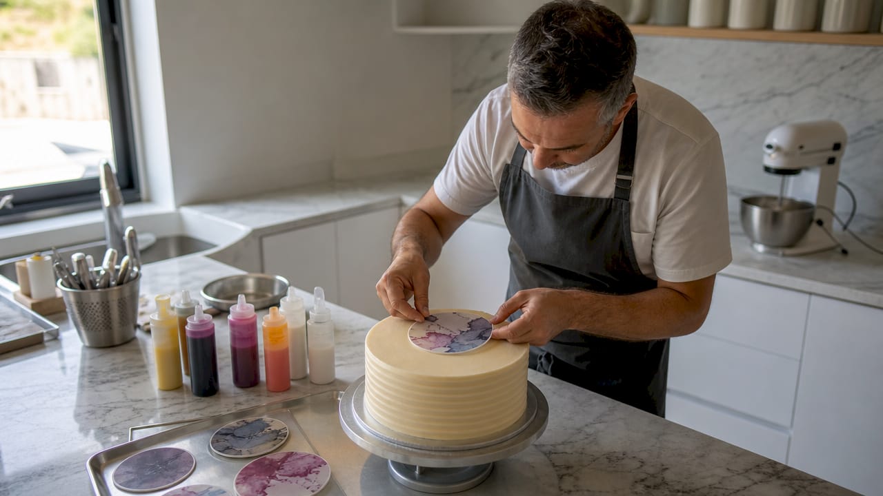 Pasteleiro a decorar um bolo com folhas comestíveis personalizadas