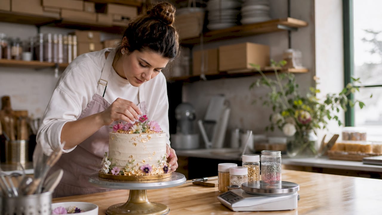 Chef a enfeitar um bolo com decorações feitas de ingredientes comestíveis.