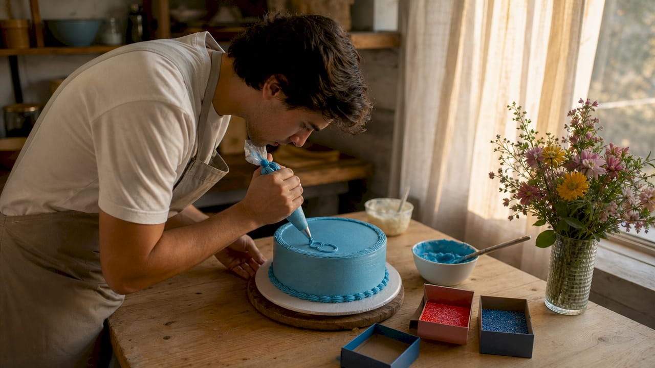 Pasteleiro a escrever o nome e a idade no bolo de aniversário, tornando-o ainda mais especial e personalizado.