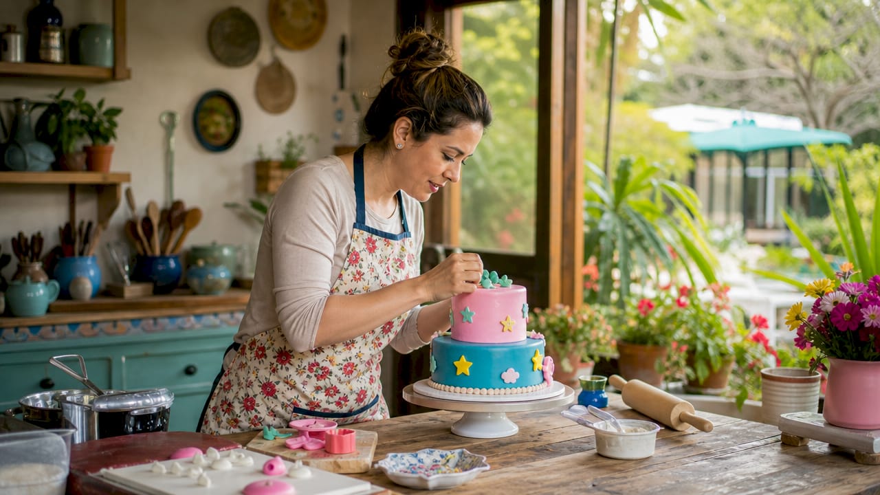 Confeiteira a dar os últimos retoques a um bolo infantil cheio de cores e fantasia.