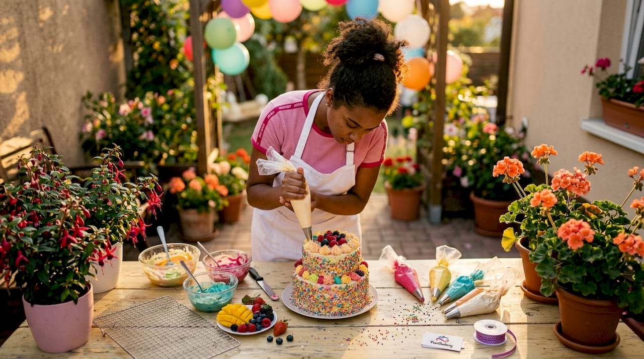 Repostera dando los últimos toques a una tarta llena de color en su cocina