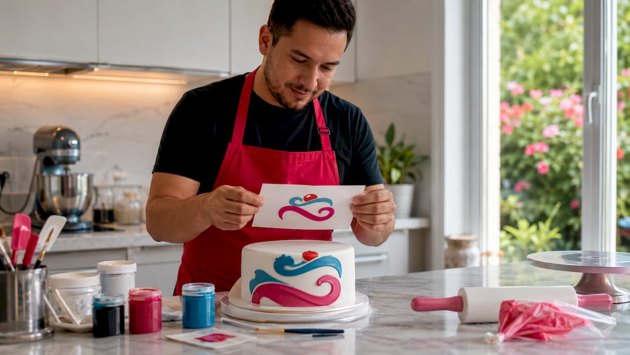 Pastelero colocando una lámina comestible personalizada con el nombre