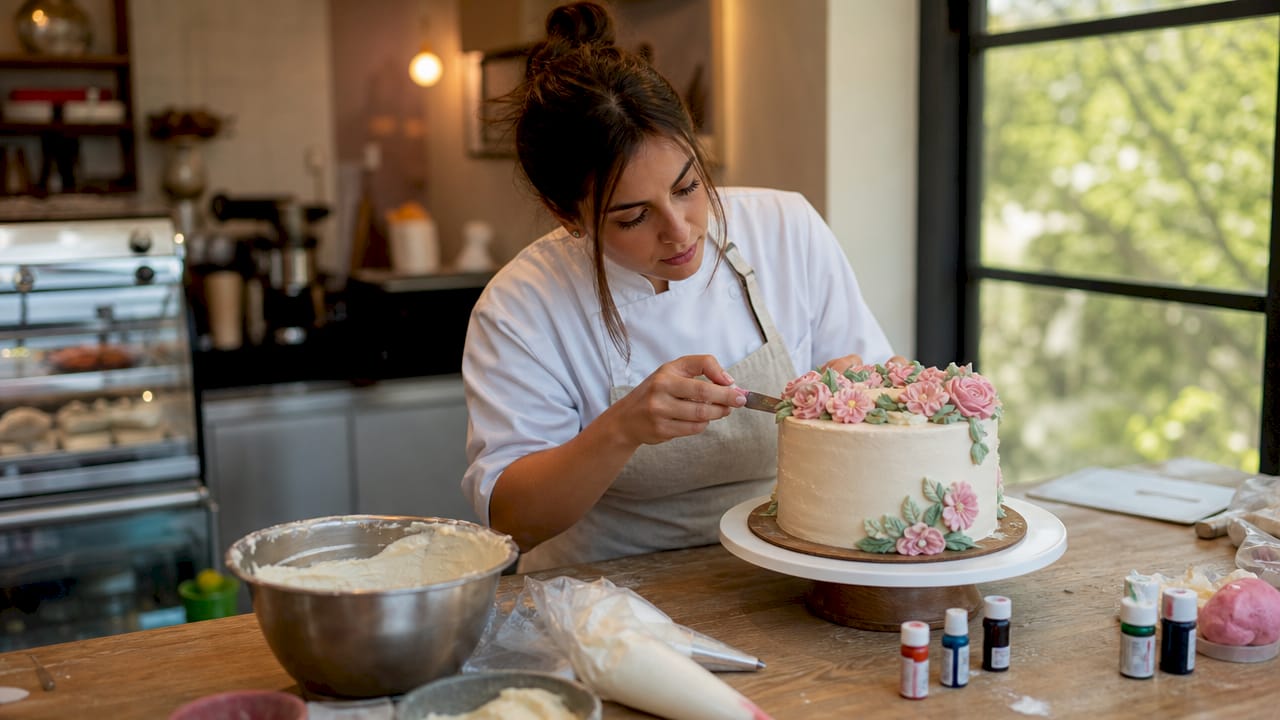 Pastelaria a decorar um bolo com elementos coloridos e comestíveis