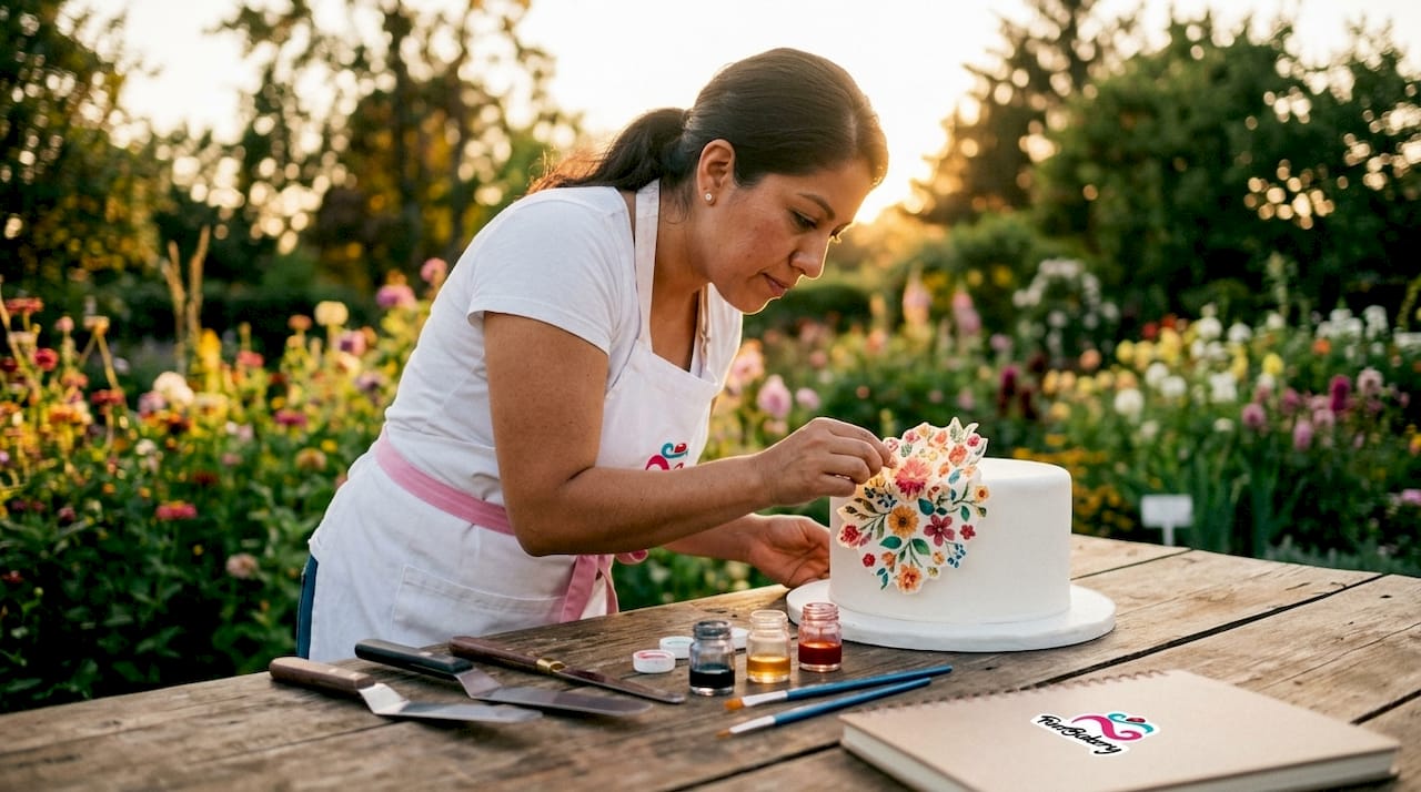 Repostera colocando una oblea floral para decorar el pastel