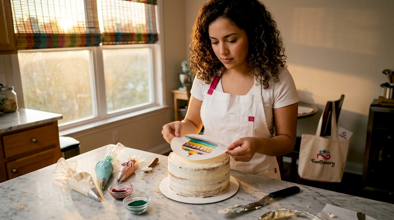 Pastelera decorando una tarta con una lámina comestible