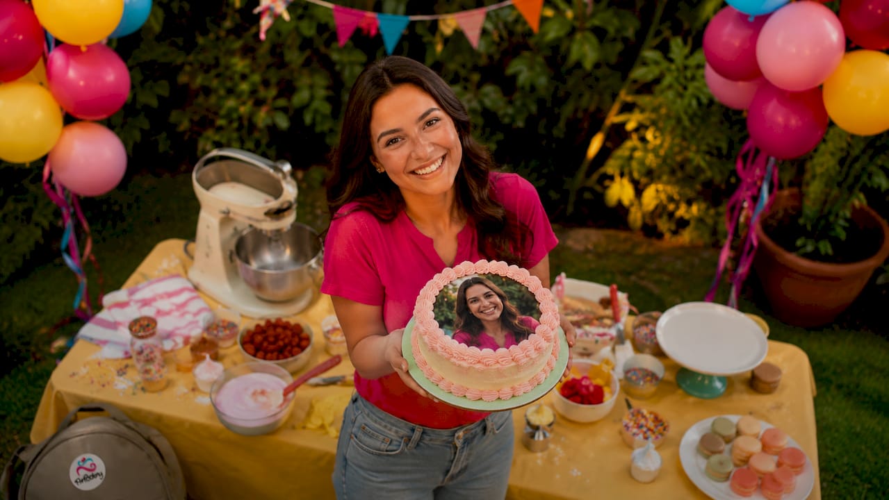 Mujer mostrando un pastel decorado con una oblea en una foto personal
