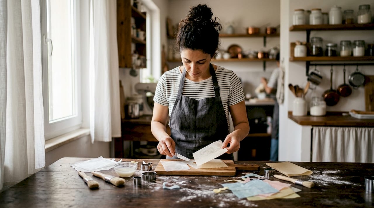 Chef a analisar as diferenças entre obleia e papel de arroz na sua cozinha de pastelaria