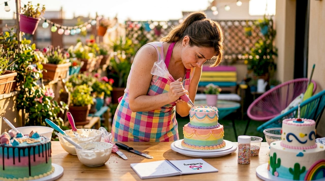 Una repostera dando los últimos toques a una tarta personalizada hecha a mano.