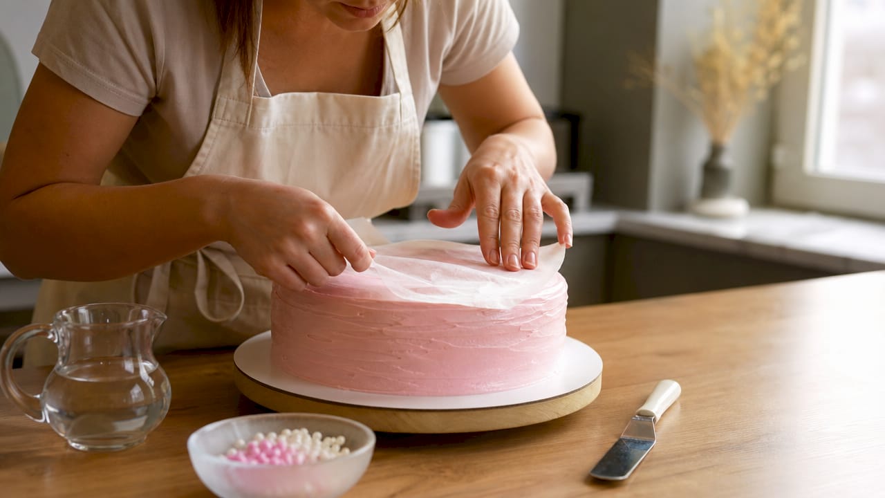 Pastelaria decoradora a colocar folha de papel de arroz sobre um bolo.