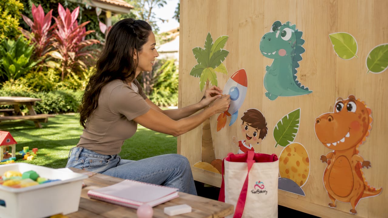 Una madre colocando vinilos decorativos en la habitación de su hijo para darle un toque especial y divertido.