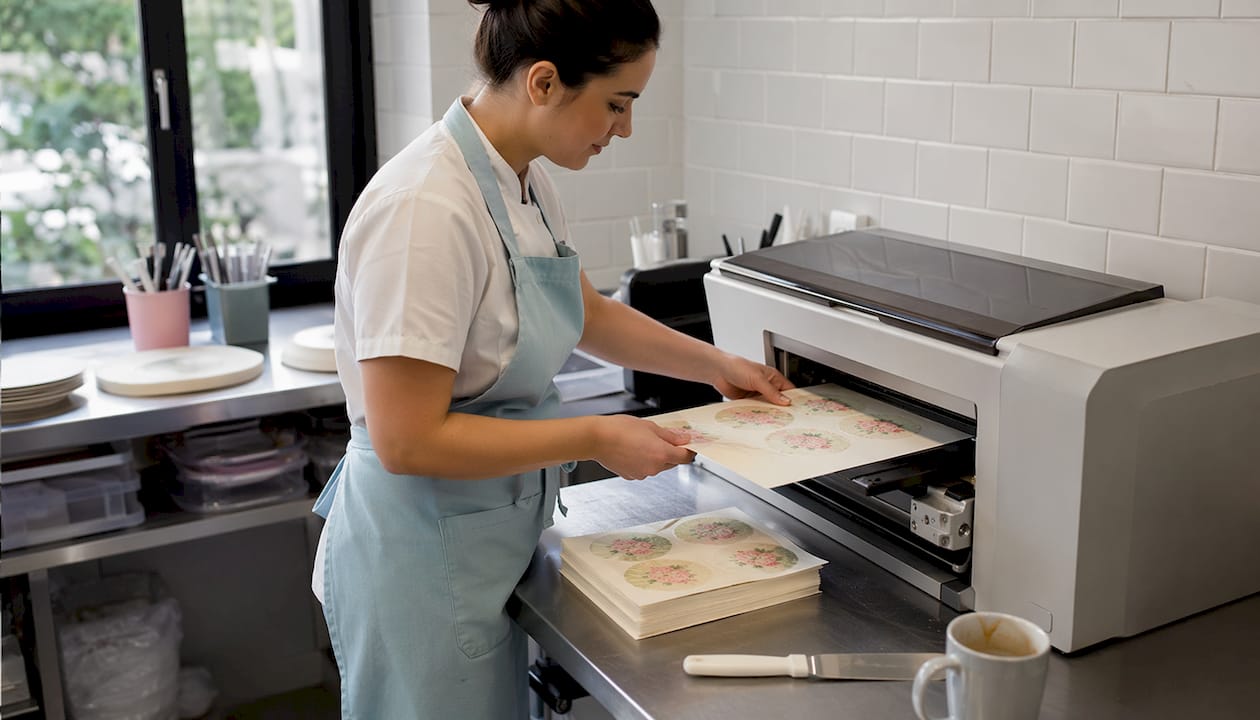 Funcionária a operar uma impressora para produção de obleias alimentares