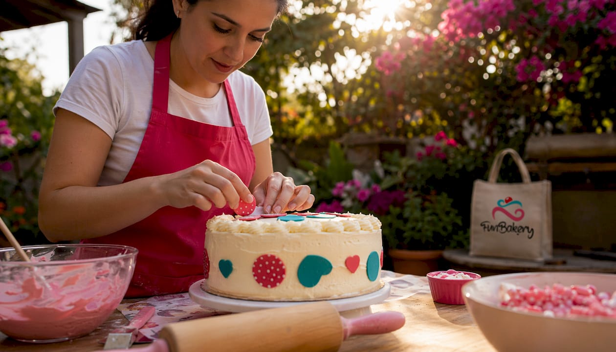 Decorando un pastel en casa con obleas comestibles, usando solo las manos.