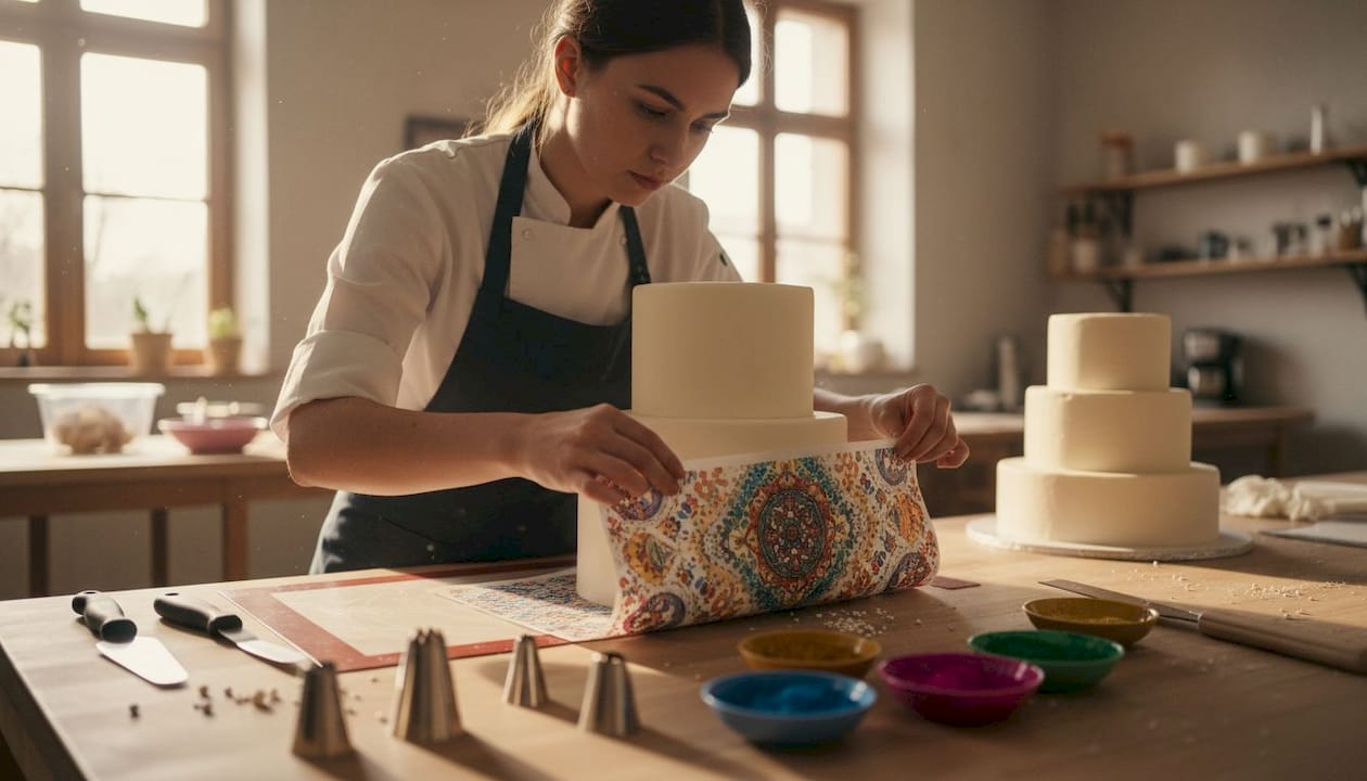 Pastryira a decorar um bolo com uma impressão comestível