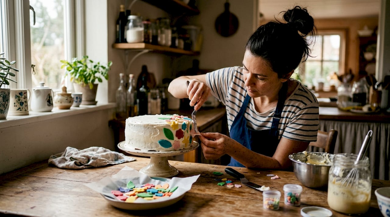 Confeiteira a decorar um bolo com pasta de açúcar e folha comestível