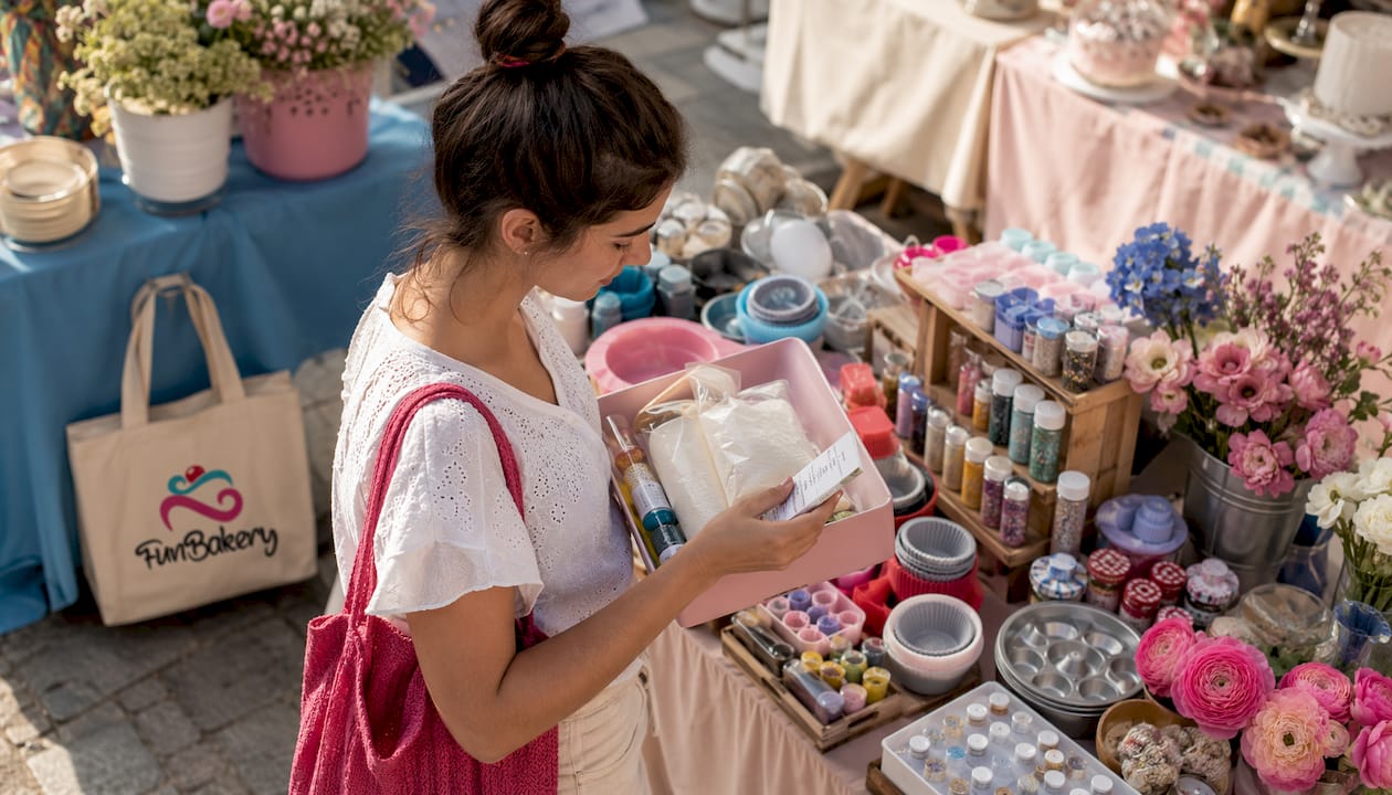 Una mujer elige accesorios de repostería en una tienda especializada española.