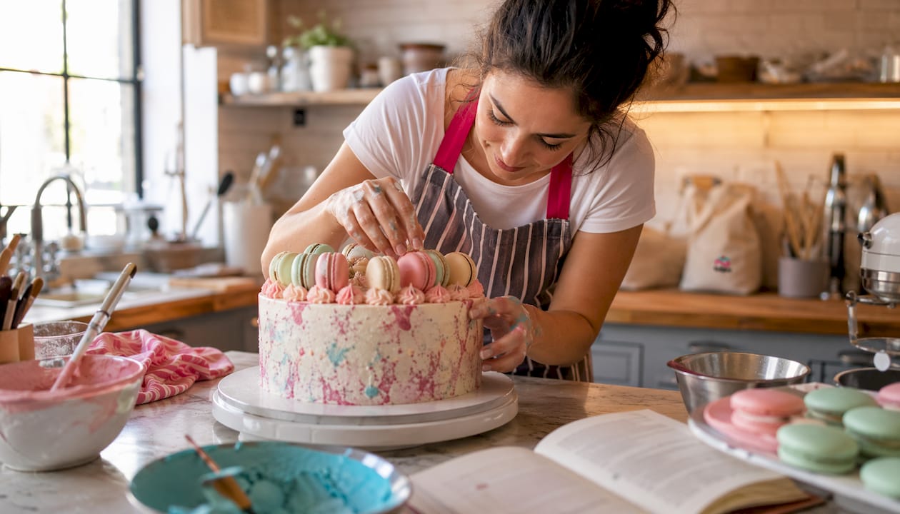 Un chef decora una tarta colocando macarons de colores sobre ella.