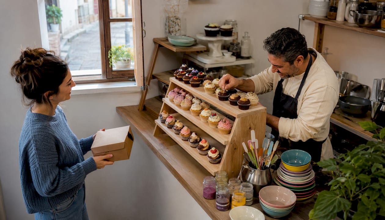 Cliente a escolher cupcakes feitos à medida numa pastelaria