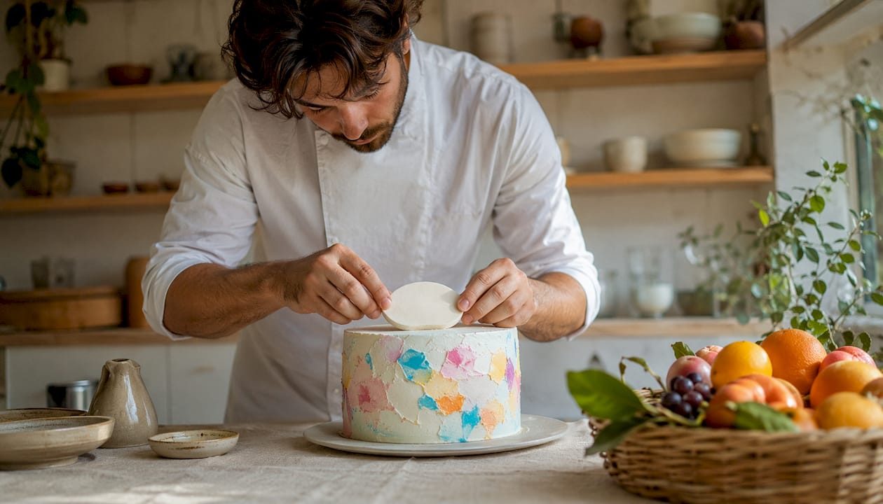Pastelaria a decorar um bolo com folha comestível