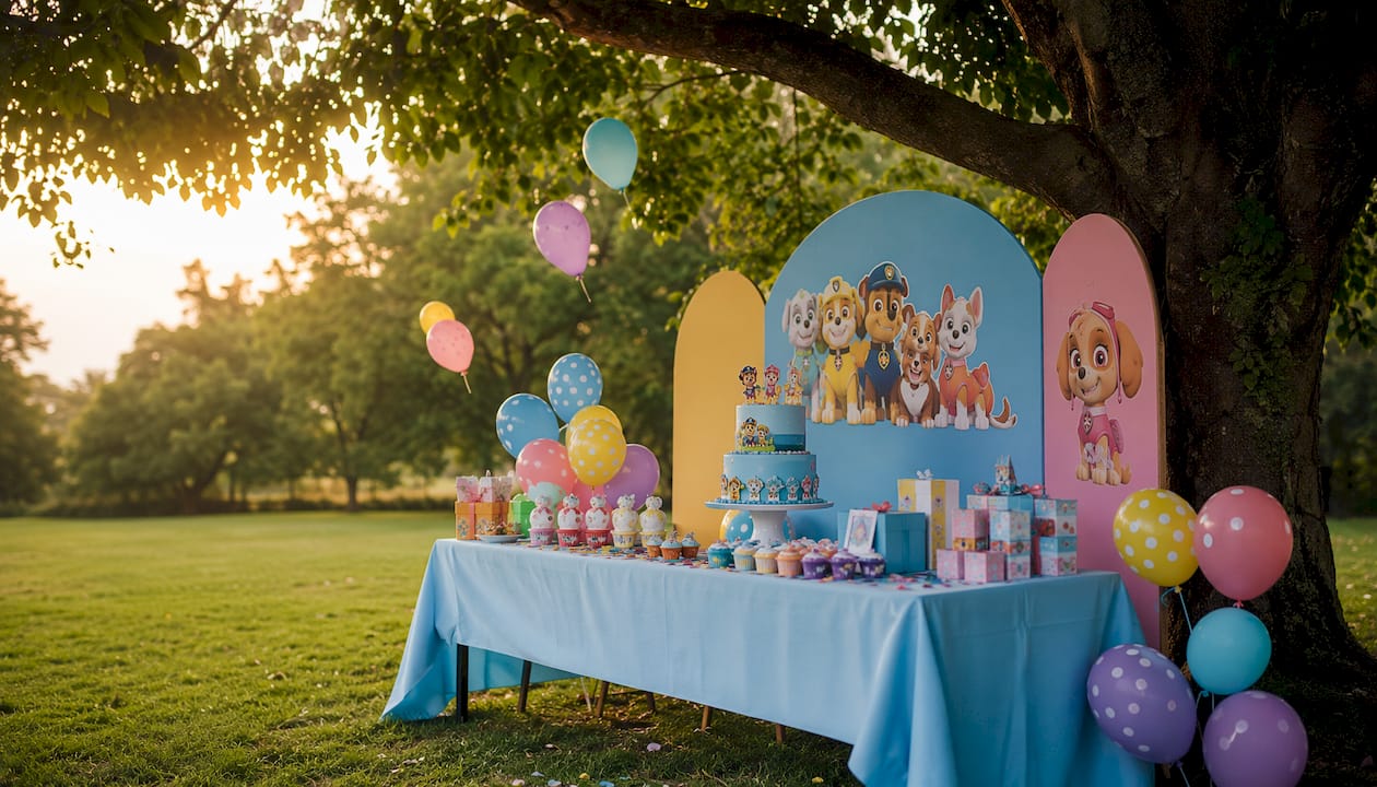 Mesa festiva com bolo e elementos personalizados, ideal para celebrar o aniversário dos mais pequenos.