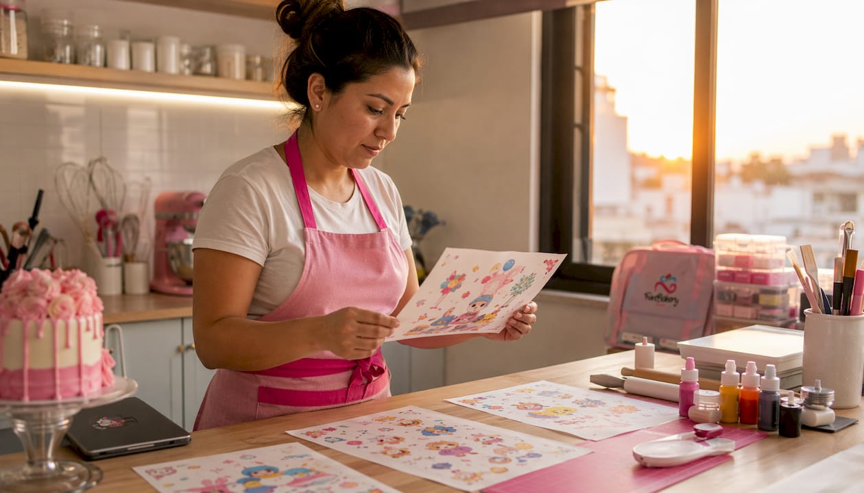 Repostera creativa especializada en diseñar obleas de azúcar personalizadas para tartas infantiles