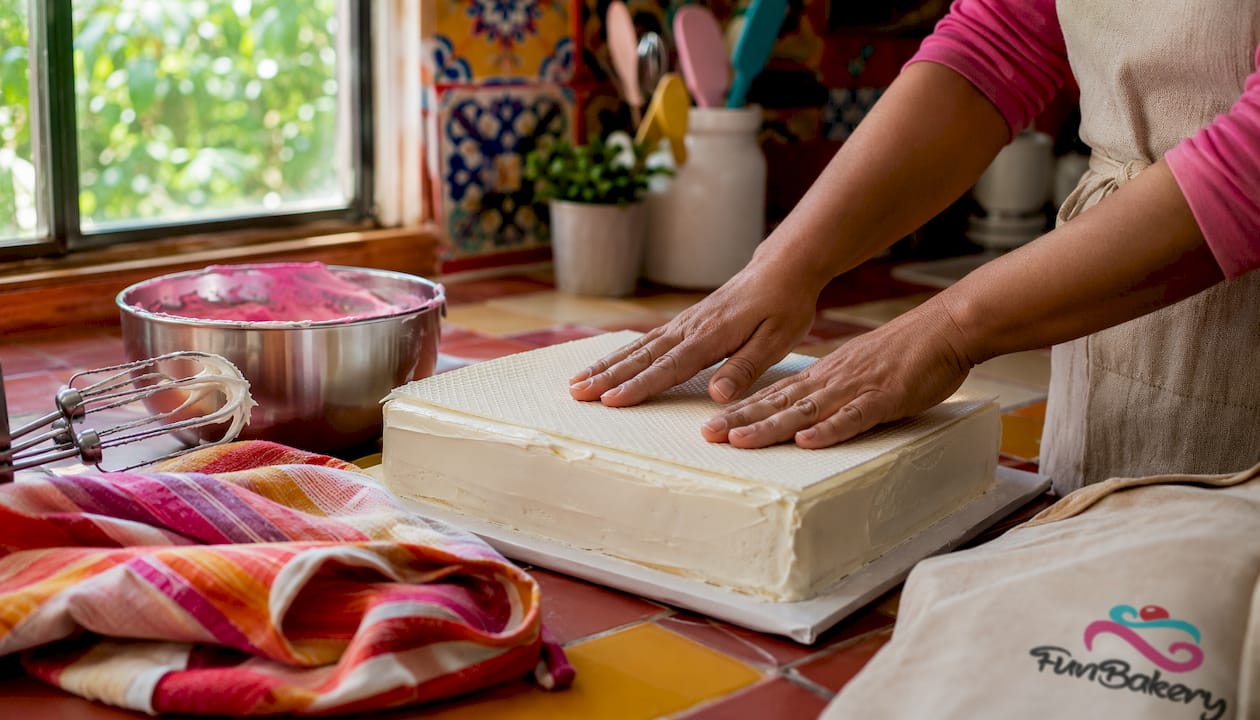 Unas manos colocando la oblea sobre la tarta, empezando por el centro.