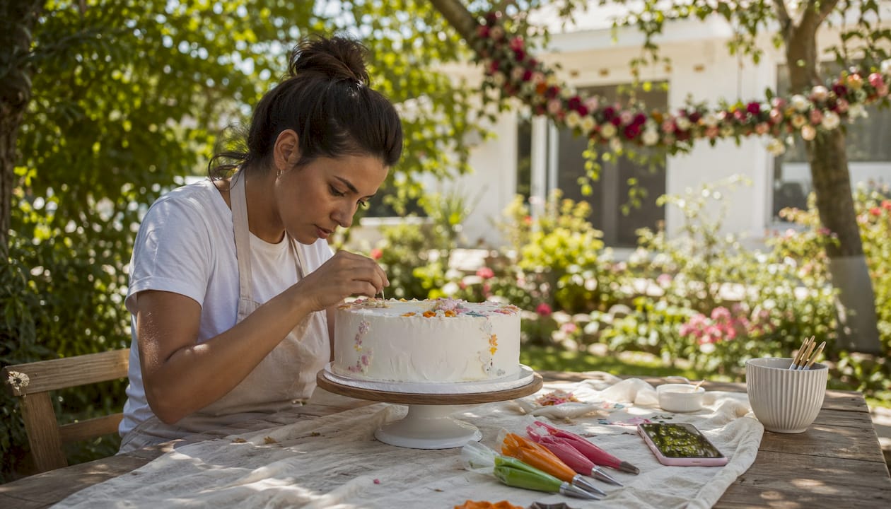 Senhora a tratar dos preparativos e a criar as decorações para a festa