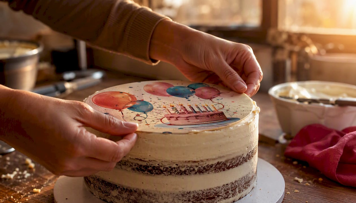 Unas manos colocando una oblea comestible sobre una tarta