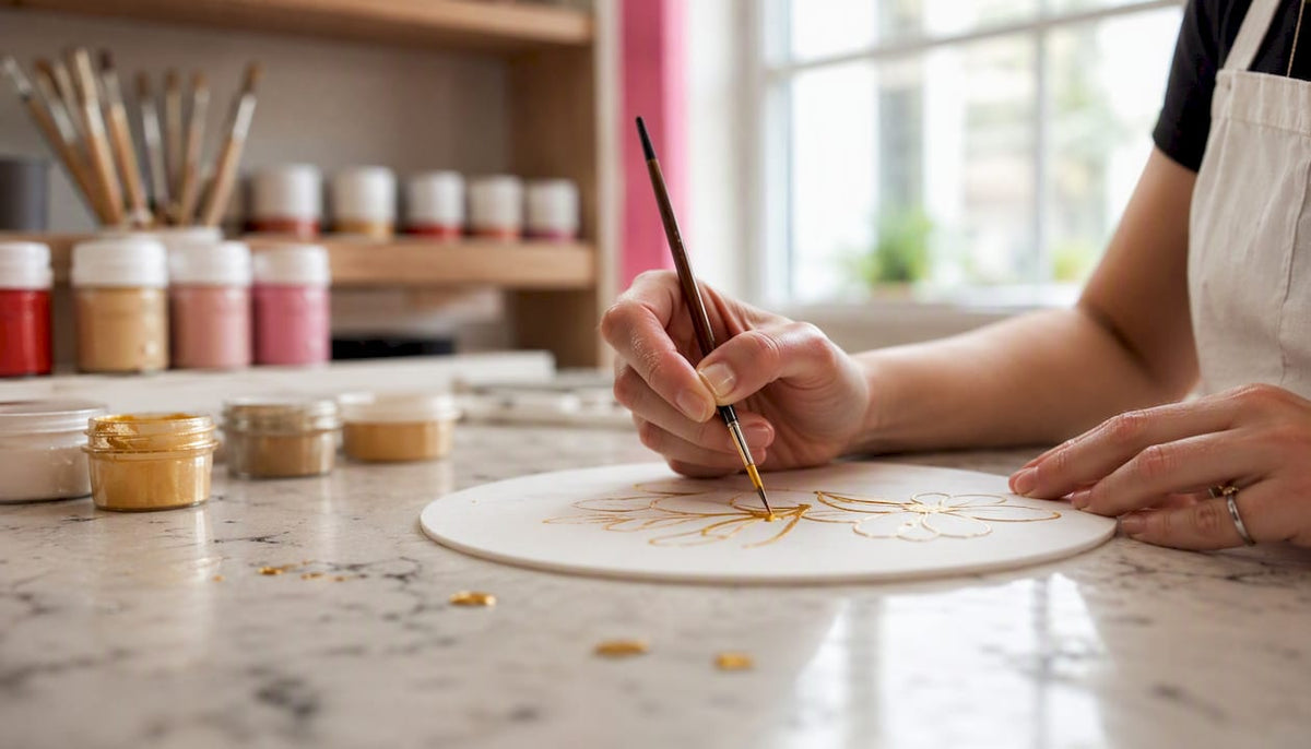 Unas manos decoran una oblea aplicando pintura dorada comestible.
