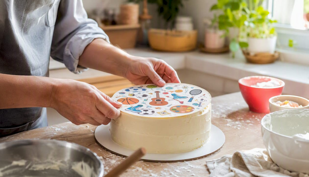 Unas manos decoran una tarta colocando una oblea comestible con motivos de aficiones.