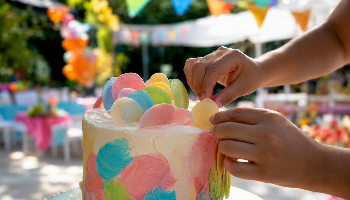 Mãos a decorar um bolo de festa colorido com folhas comestíveis