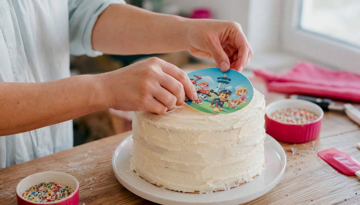 Unas manos decoran una tarta colocando una oblea comestible de colores vivos sobre ella.