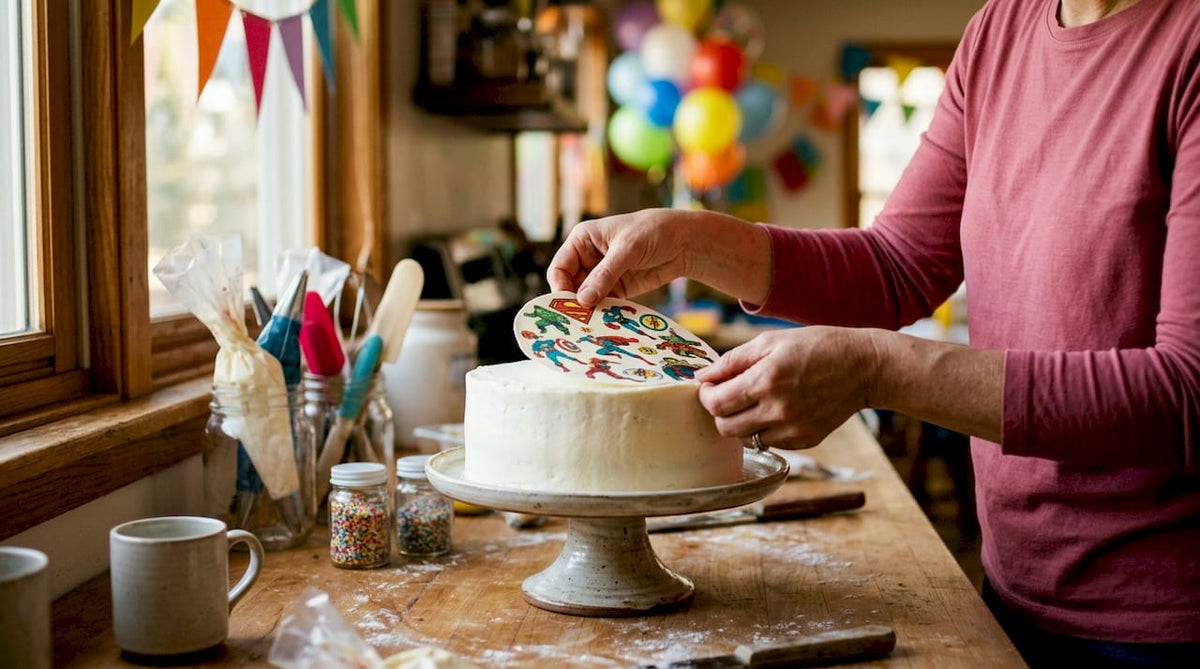 Unas manos colocan una oblea comestible sobre una tarta.